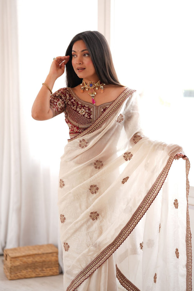 White Floral Embroidered Satin Saree (ACA9161)