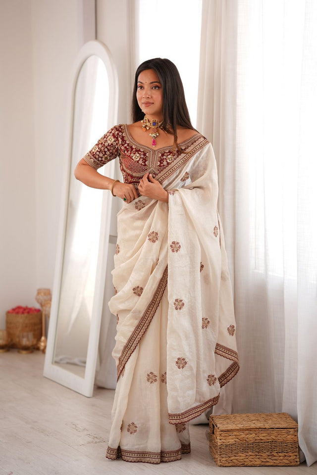 White Floral Embroidered Satin Saree (ACA9161)