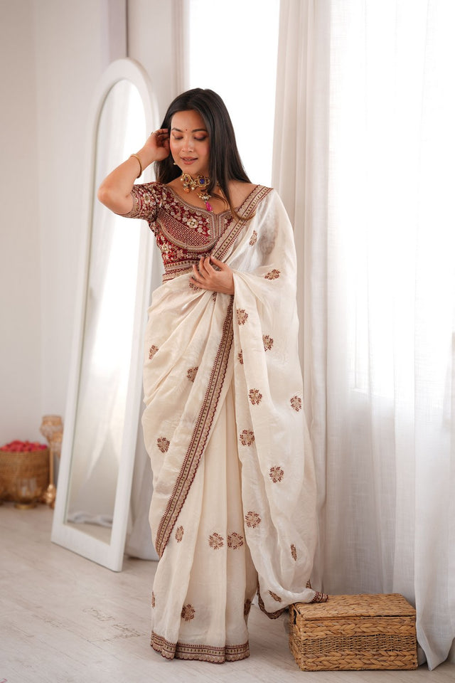 White Floral Embroidered Satin Saree (ACA9161)