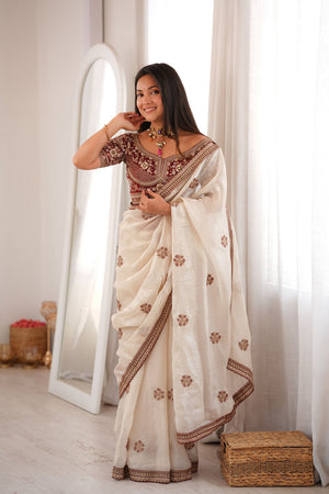 White Floral Embroidered Satin Saree (ACA9161)