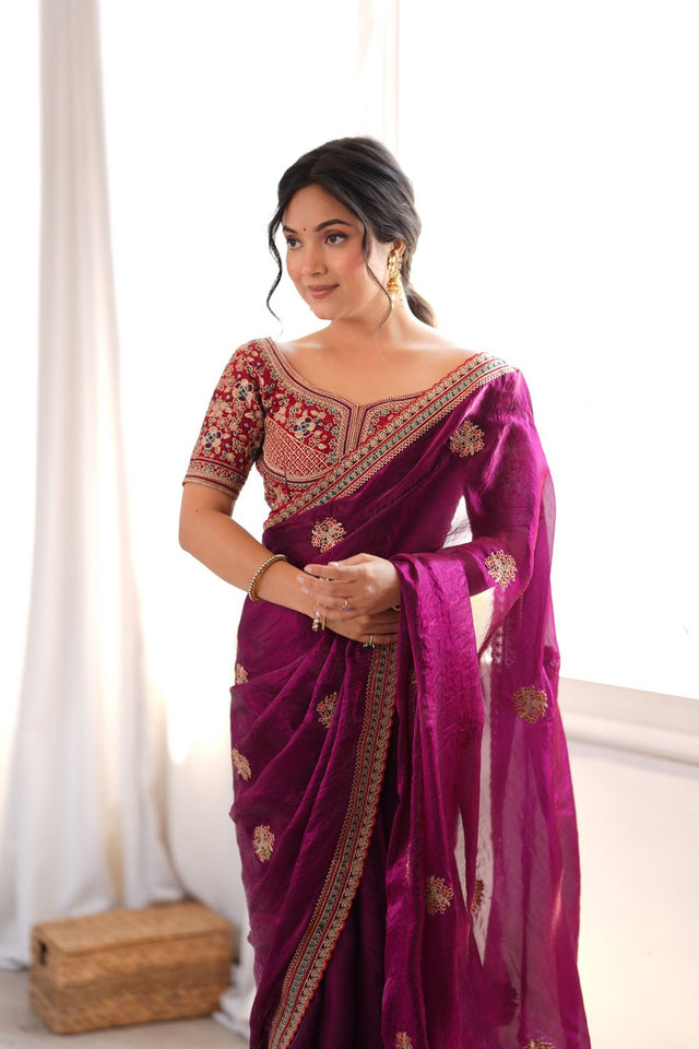 Purple Floral Embroidered Satin Saree (ACA9162)