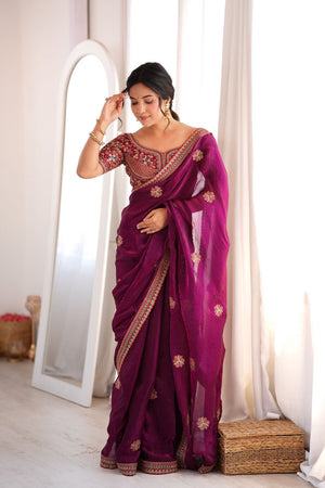 Purple Floral Embroidered Satin Saree (ACA9162)