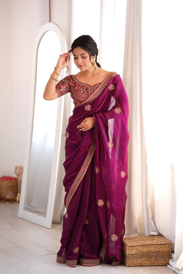 Purple Floral Embroidered Satin Saree (ACA9162)