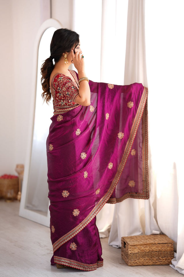 Purple Floral Embroidered Satin Saree (ACA9162)