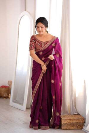 Purple Floral Embroidered Satin Saree (ACA9162)