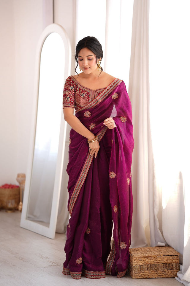 Purple Floral Embroidered Satin Saree (ACA9162)