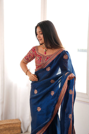 Blue Floral Embroidered Satin Saree (ACA9163)