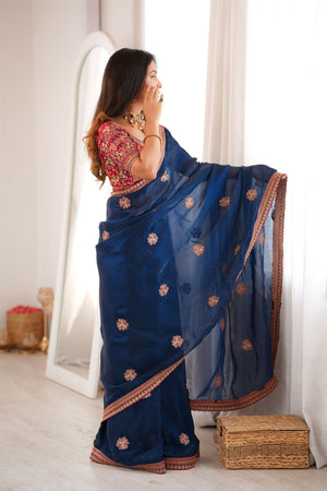 Blue Floral Embroidered Satin Saree (ACA9163)