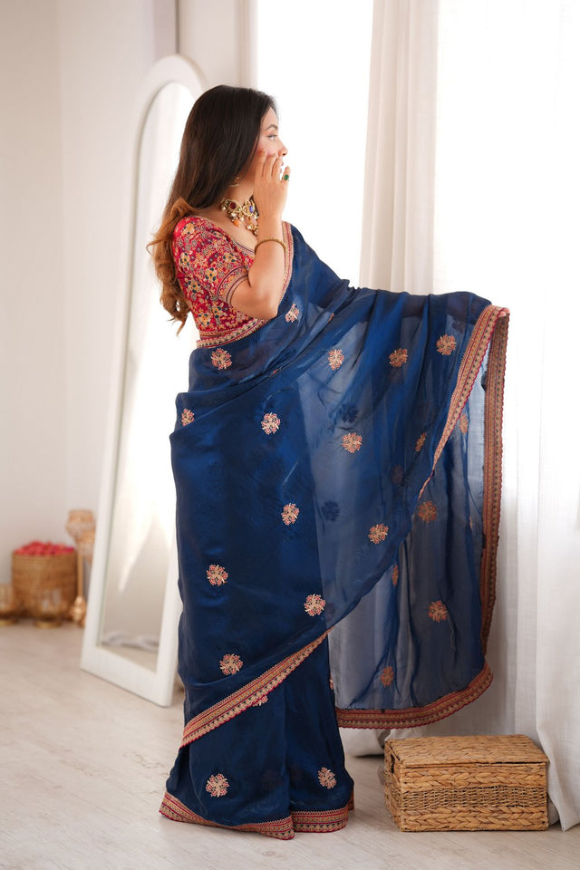 Blue Floral Embroidered Satin Saree (ACA9163)