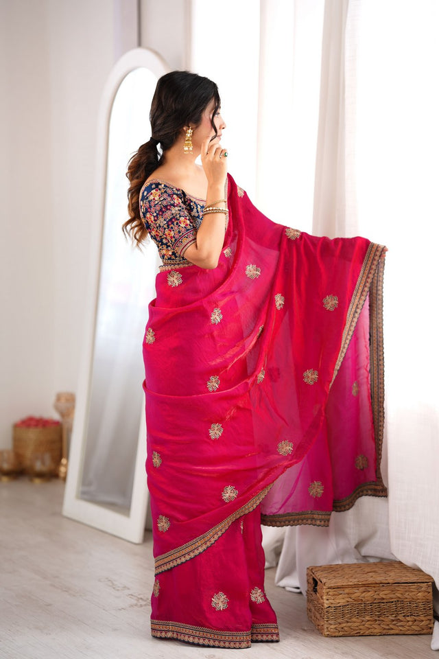 Pink Floral Embroidered Satin Saree (ACA9164)