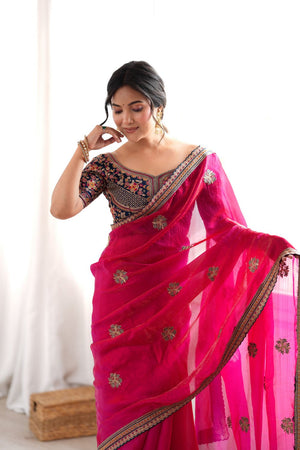 Pink Floral Embroidered Satin Saree (ACA9164)
