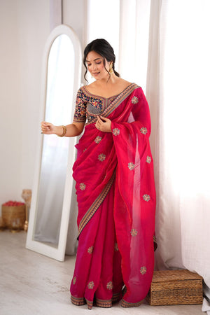 Pink Floral Embroidered Satin Saree (ACA9164)