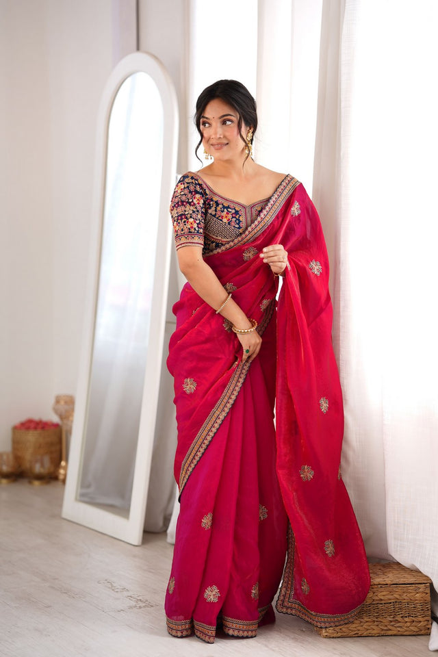 Pink Floral Embroidered Satin Saree (ACA9164)