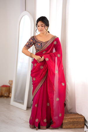 Pink Floral Embroidered Satin Saree (ACA9164)