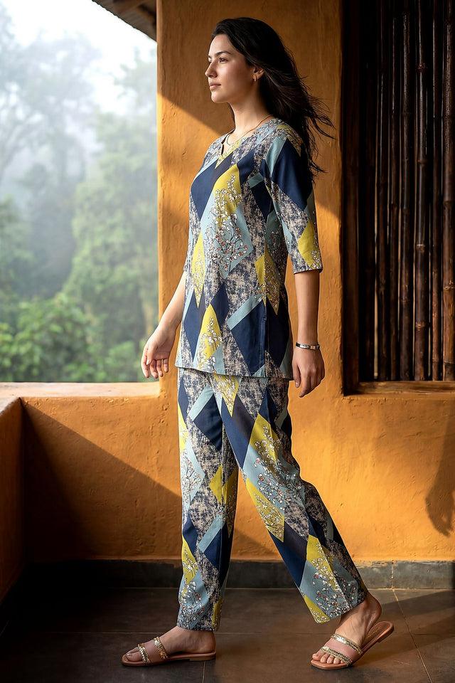 Blue Printed Rayon Blend Co-Ord Set (ACA9165)