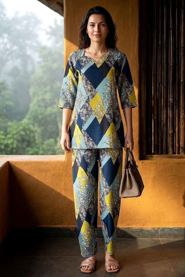Blue Printed Rayon Blend Co-Ord Set (ACA9165)