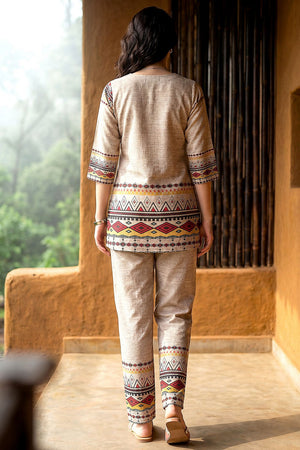 Beige Printed Rayon Blend Co-Ord Set (ACA9167)