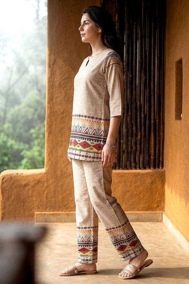 Beige Printed Rayon Blend Co-Ord Set (ACA9167)