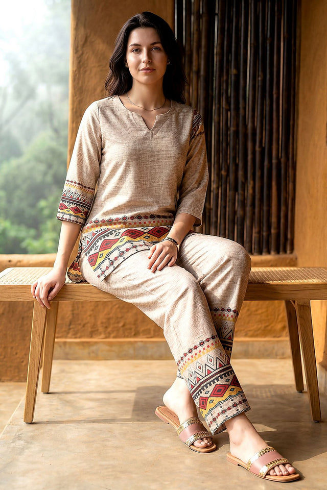 Beige Printed Rayon Blend Co-Ord Set (ACA9167)