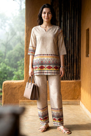 Beige Printed Rayon Blend Co-Ord Set (ACA9167)