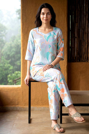 Sea Green Floral Printed Rayon Blend Co-Ord Set (ACA9168)
