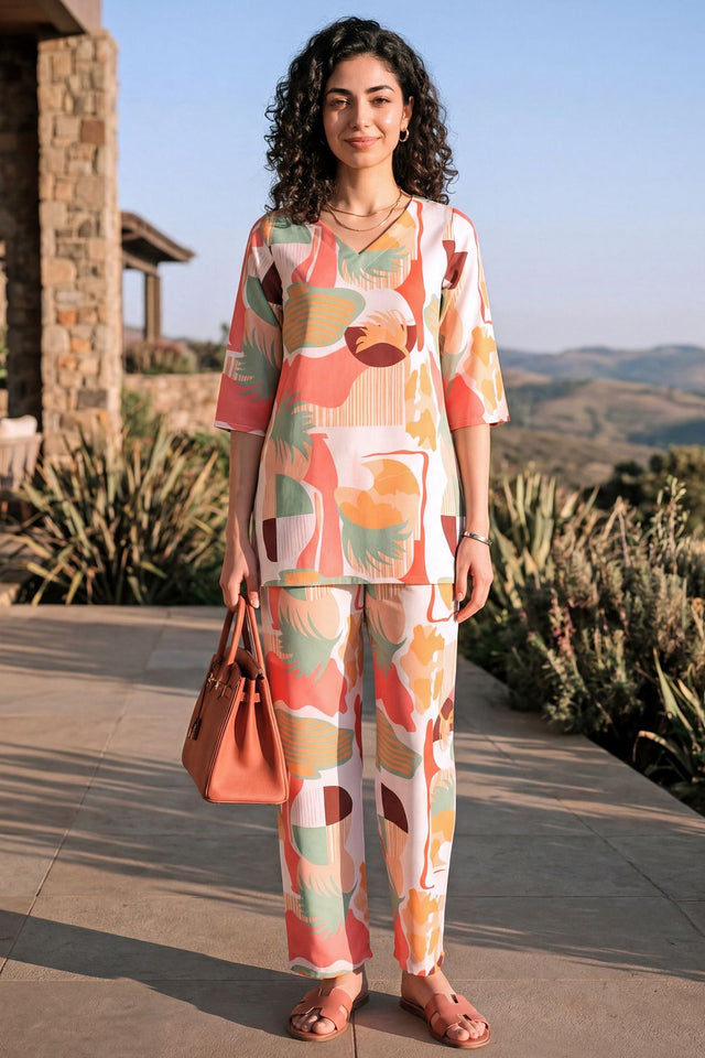 Peach Printed Rayon Blend Co-Ord Set (ACA9169)