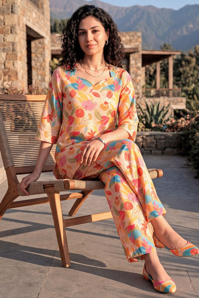 Rust Floral Printed Rayon Blend Co-Ord Set (ACA9171)