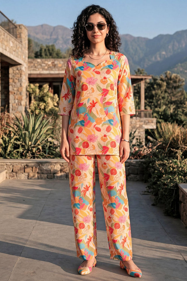 Rust Floral Printed Rayon Blend Co-Ord Set (ACA9171)