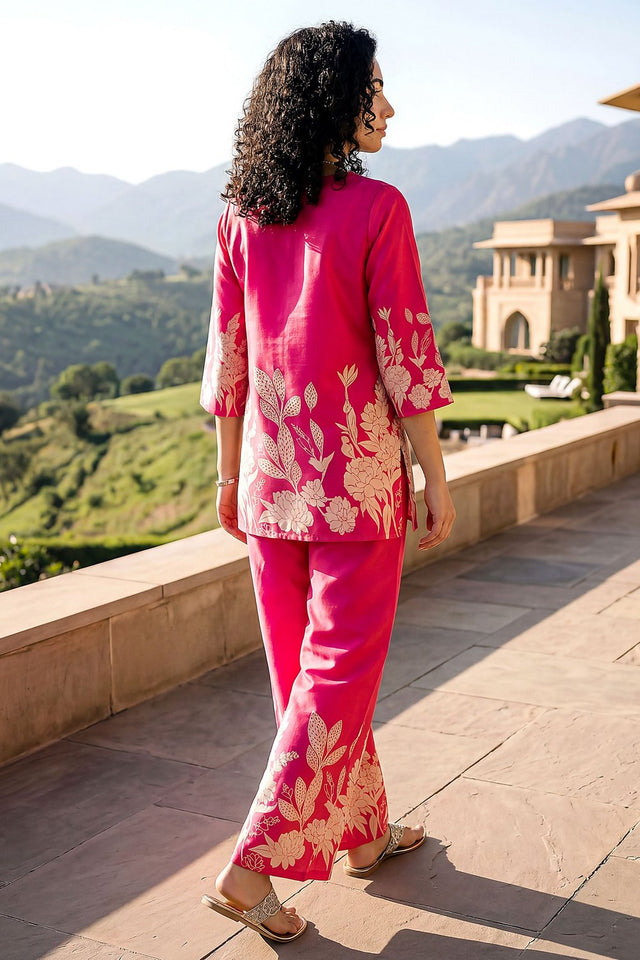 Pink Floral Printed Rayon Blend Co-Ord Set (ACA9172)
