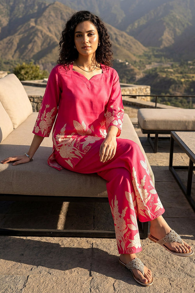 Pink Floral Printed Rayon Blend Co-Ord Set (ACA9172)