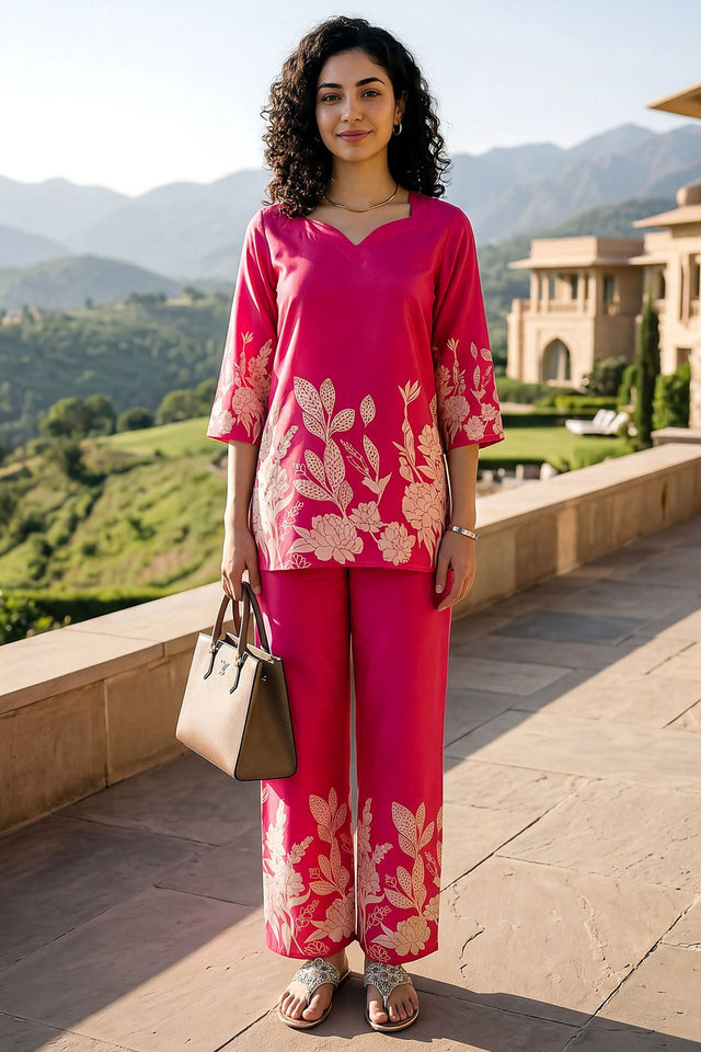 Pink Floral Printed Rayon Blend Co-Ord Set (ACA9172)