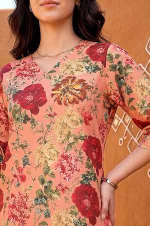 Peach Floral Printed Rayon Blend Co-Ord Set (ACA9175)