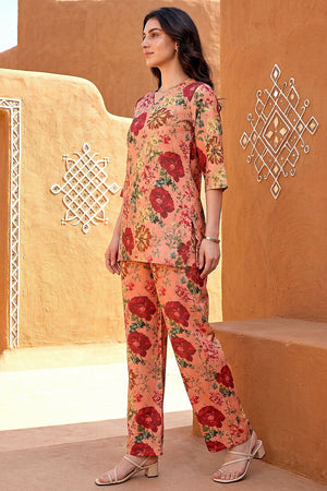 Peach Floral Printed Rayon Blend Co-Ord Set (ACA9175)