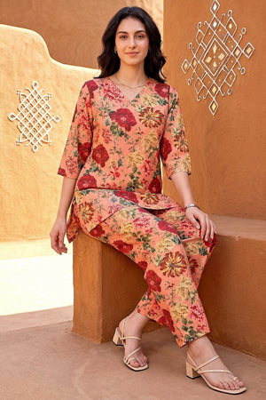 Peach Floral Printed Rayon Blend Co-Ord Set (ACA9175)