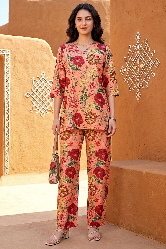Peach Floral Printed Rayon Blend Co-Ord Set (ACA9175)