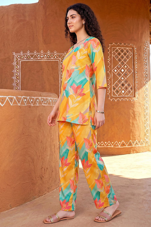 Yellow Printed Rayon Blend Co-Ord Set (ACA9176)
