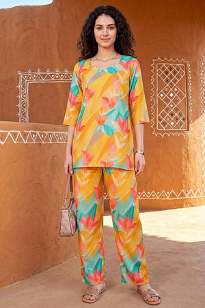 Yellow Printed Rayon Blend Co-Ord Set (ACA9176)