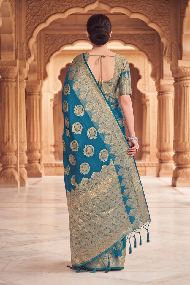 Turquoise Floral Woven Silk Saree (ACA9177)
