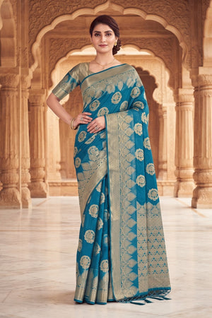 Turquoise Floral Woven Silk Saree (ACA9177)