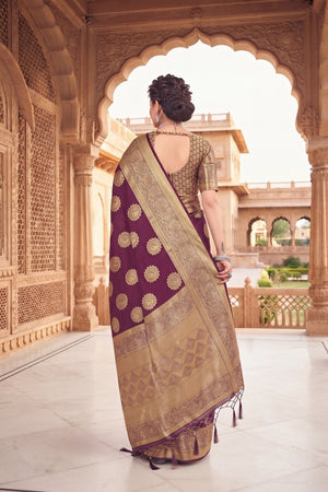 Wine Floral Woven Silk Saree (ACA9178)