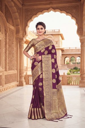 Wine Floral Woven Silk Saree (ACA9178)