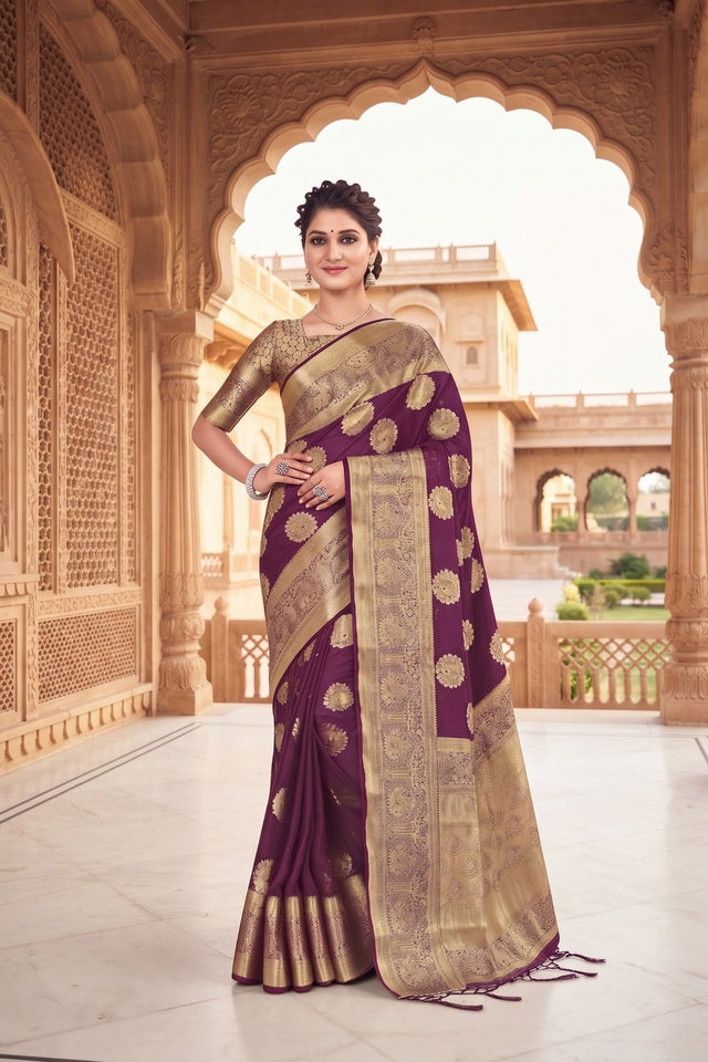 Wine Floral Woven Silk Saree (ACA9178)