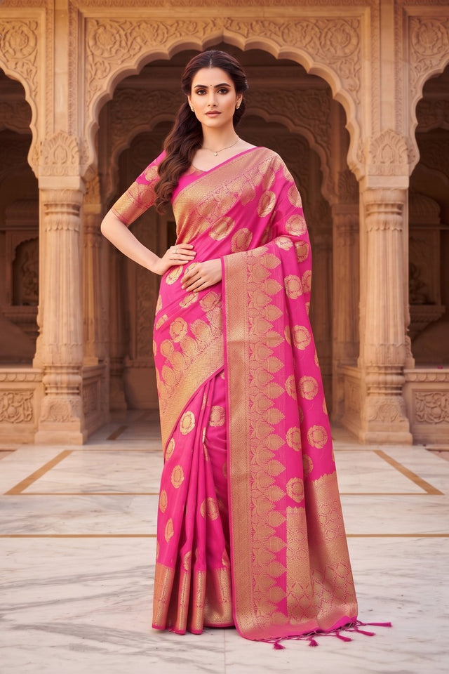 Pink Floral Woven Silk Saree (ACA9179)
