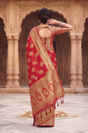 Red Floral Woven Silk Saree (ACA9181)