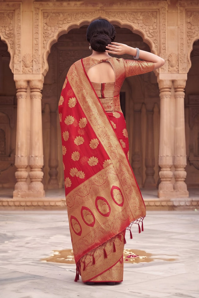 Red Floral Woven Silk Saree (ACA9181)
