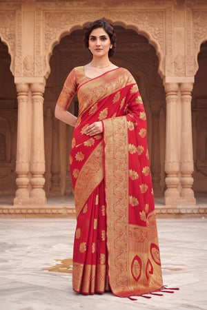 Red Floral Woven Silk Saree (ACA9181)
