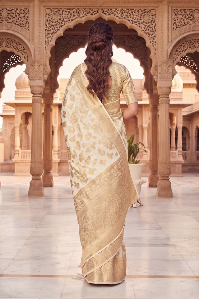 Cream Floral Woven Silk Saree (ACA9182)