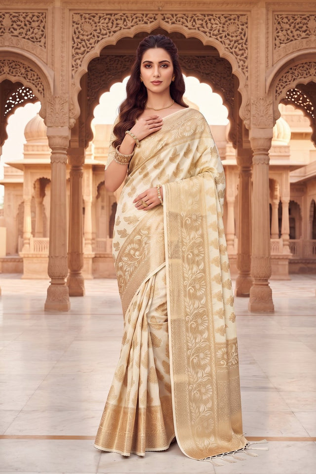 Cream Floral Woven Silk Saree (ACA9182)