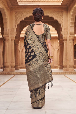 Black Floral Woven Silk Saree (ACA9183)
