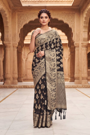 Black Floral Woven Silk Saree (ACA9183)